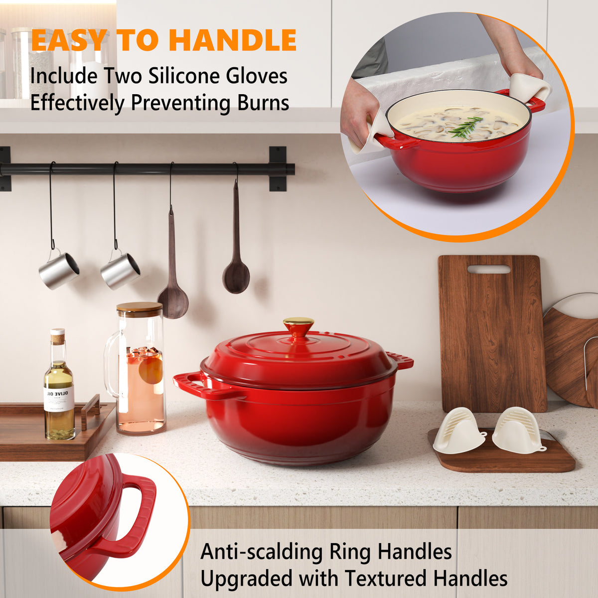 Dutch Oven 5QT 6QT 7.5QT Enameled Cast Iron Cookware with Lid Silicone Handles Oven Safe 500°F Bread Baking Stews Roasts Multiple Colors