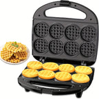 Mini Waffle Maker Makes 8 Bite-Size 2-Inch Waffles Dual Non-Stick Plates Cool Touch Handle Compact Family Breakfast Maker