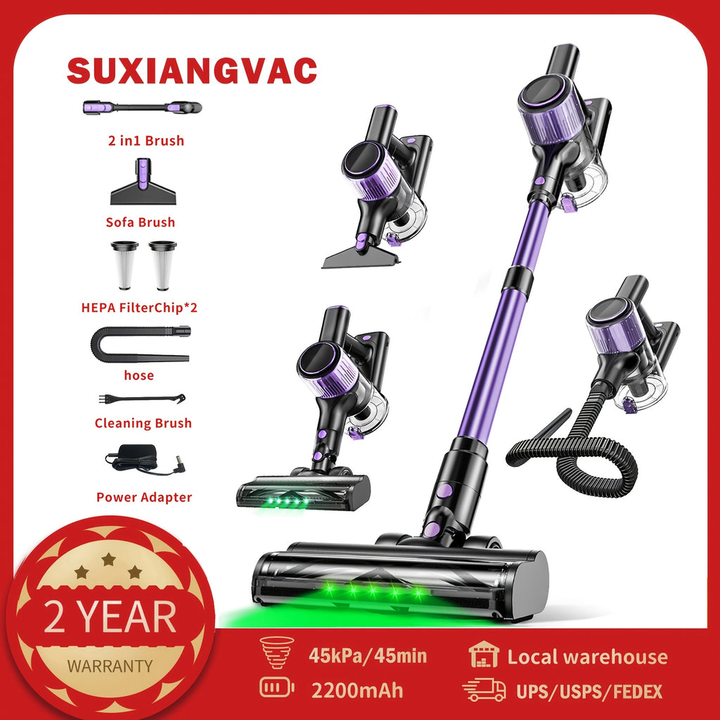 45KPA Cordless Vacuum Cleaner 8-in-1 Lightweight Stick Vacuum Green Light Anti-Tangle Floor Brush for Carpet Pet Hair Tile Hardwood 4 Colors