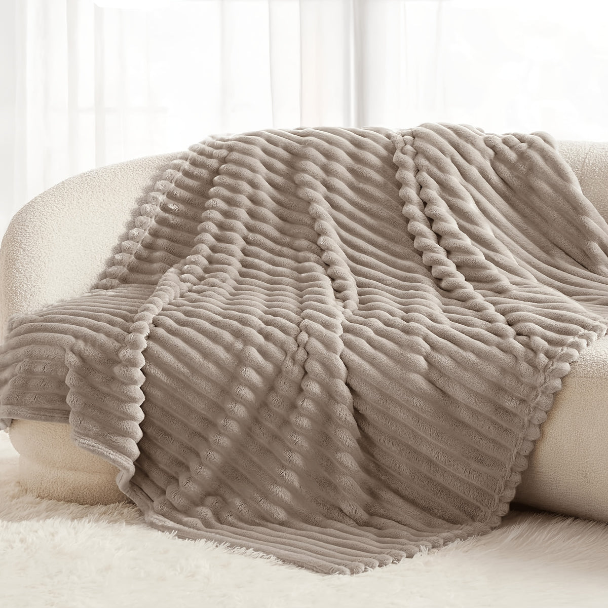 Faux Rabbit Fur Throw Blanket Ultra Soft Fluffy Striped Plush Blanket for Couch Bed Sofa Luxury Warm Winter Blanket Pink Light Brown