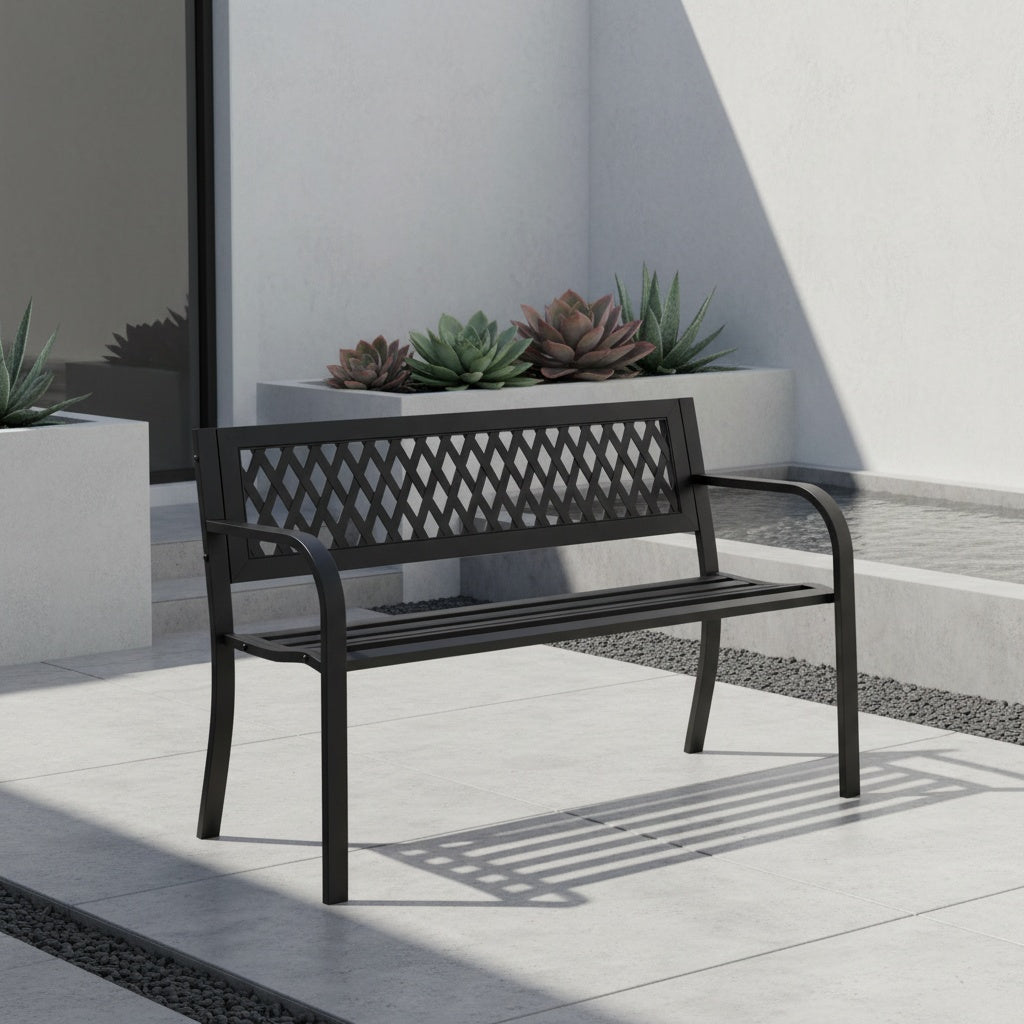 Outdoor Metal Garden Bench 47in with Backrest Armrests 500LBS Capacity Park Bench for Courtyard Garden Yard Front Porch Black