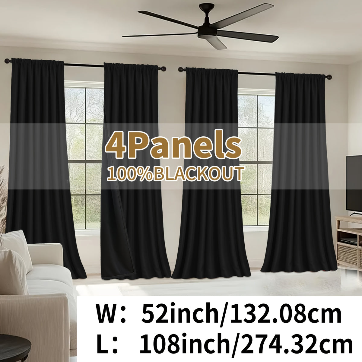 Blackout Curtains Rod Pocket 4 Panels - Thermal Insulated Room Darkening Noise Reducing Matte Drapes for Bedroom Living Room Office, 9 Colors 11 Sizes