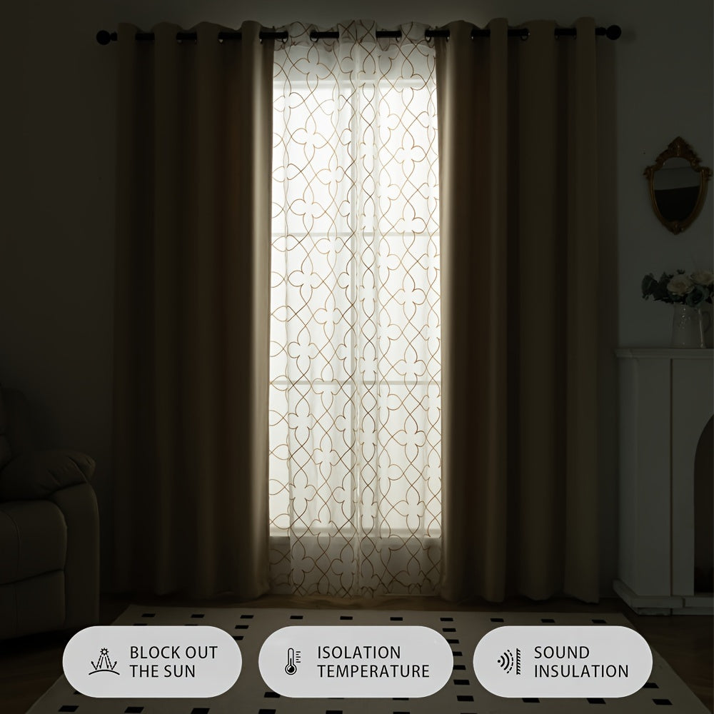 Blackout Curtains 4-Pack – Geometric Embroidery Grommet Top, Sun-Blocking Heat-Insulating Room Darkening Drapes, Living Room Bedroom Dining, All-Season, 4 Colors 5 Sizes