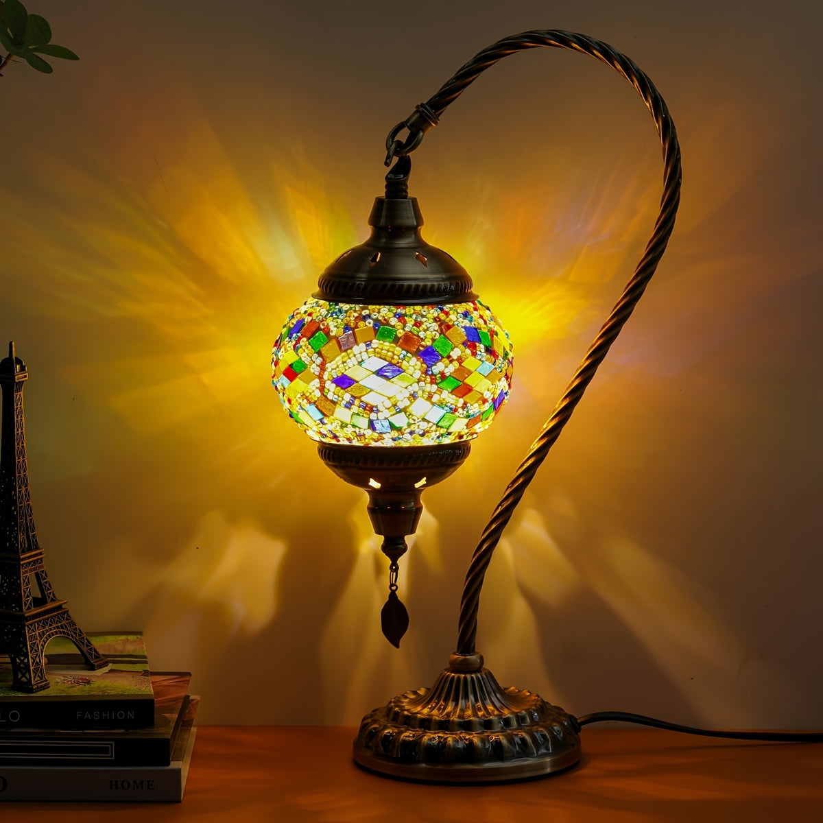 Turkish Mosaic Table Lamp Moroccan Style Handmade Swan Neck Mosaic Glass Bedside Lamp with Metal Base - 3 Color Modes Dimmable LED Bulb Included - Bedroom Living Room Decor Gift