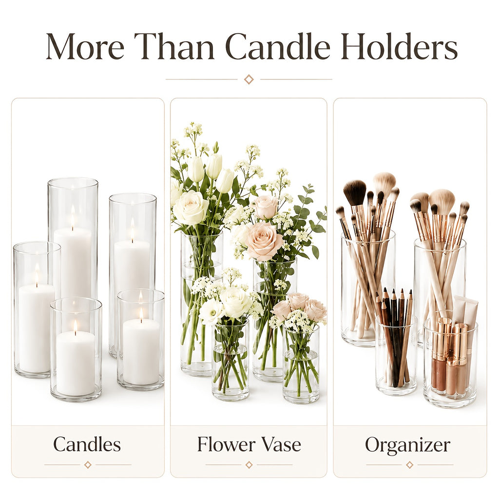 White Pillar Candles with Clear Glass Hurricane Candle Holders – Elegant Cylinder Vases for Wedding Centerpieces, Parties, Home & Office Decor, Table Decorations