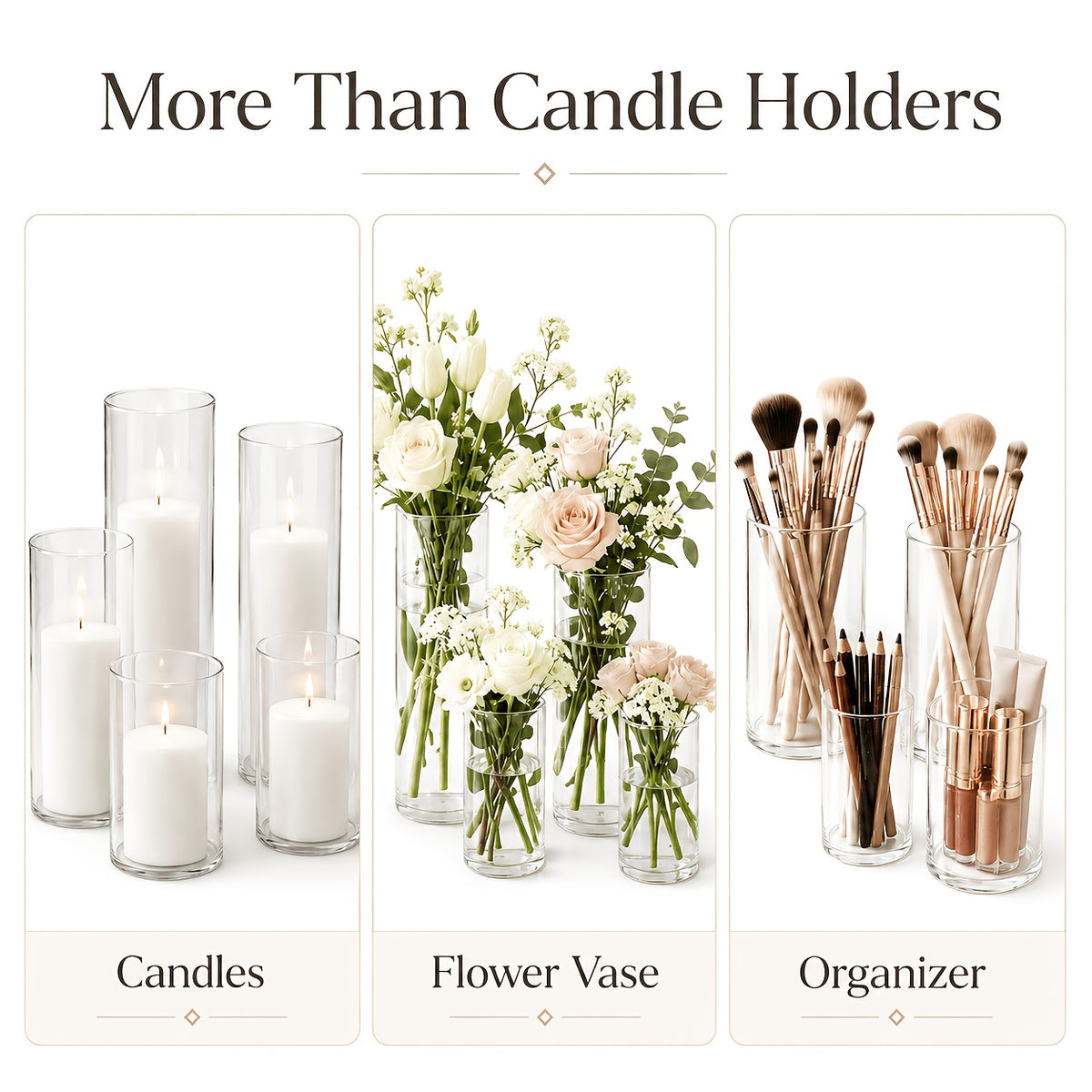 White Pillar Candles with Clear Glass Hurricane Candle Holders – Elegant Cylinder Vases for Wedding Centerpieces, Parties, Home & Office Decor, Table Decorations