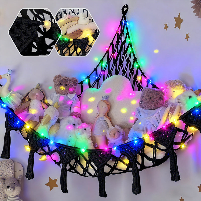 Toy Hammock Corner Net with Color Lights & Heart Tassels - Stuffed Animal Storage Net, 3 Hooks, 72x48x48in for Kids Room, Bedroom & Bathroom | Pink, Gray, White & Black