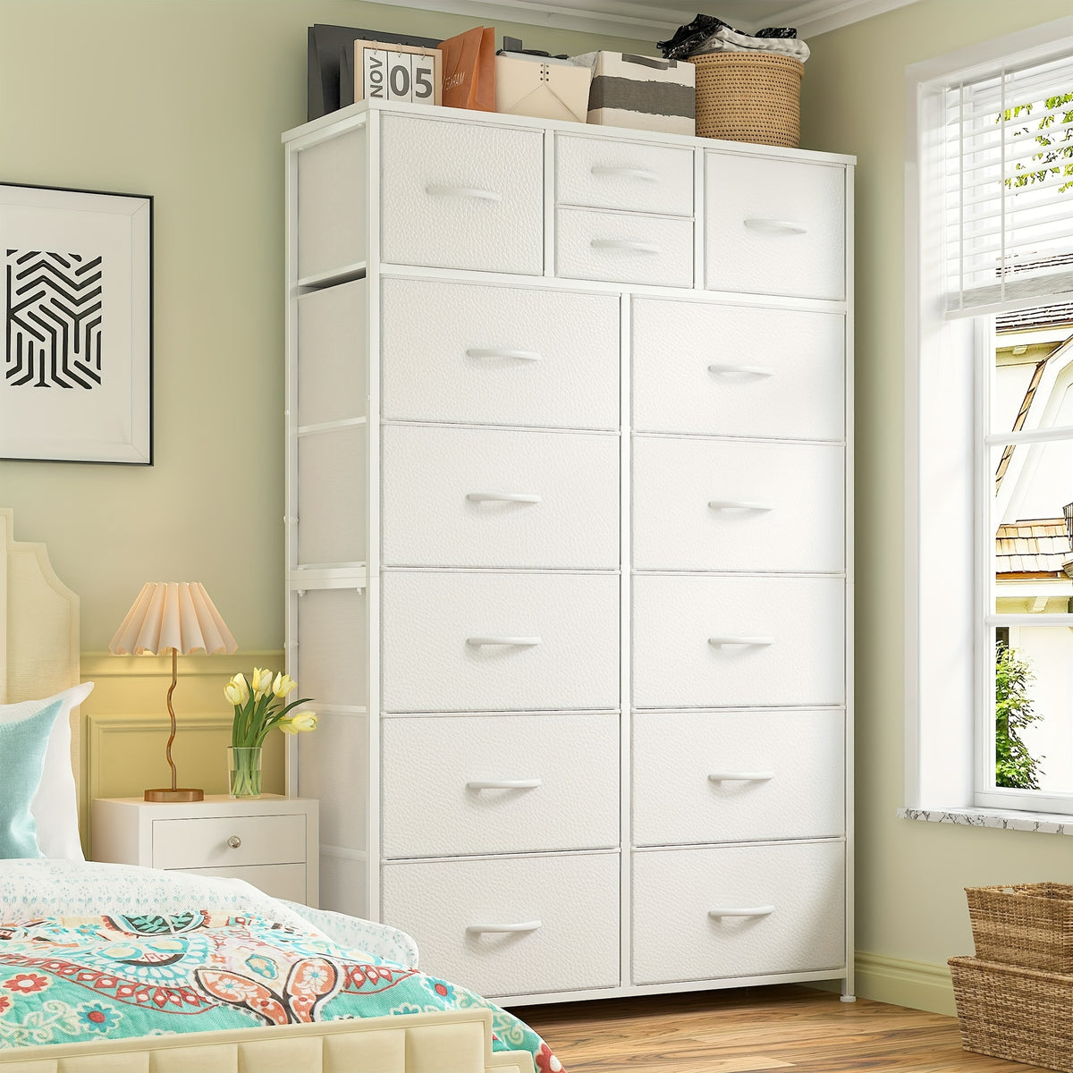 Tall Fabric Dresser with Wood Top & Metal Frame – Large Bedroom Dresser Storage Drawer Unit 37"W x 52"H for Closet Living Room Entryway
