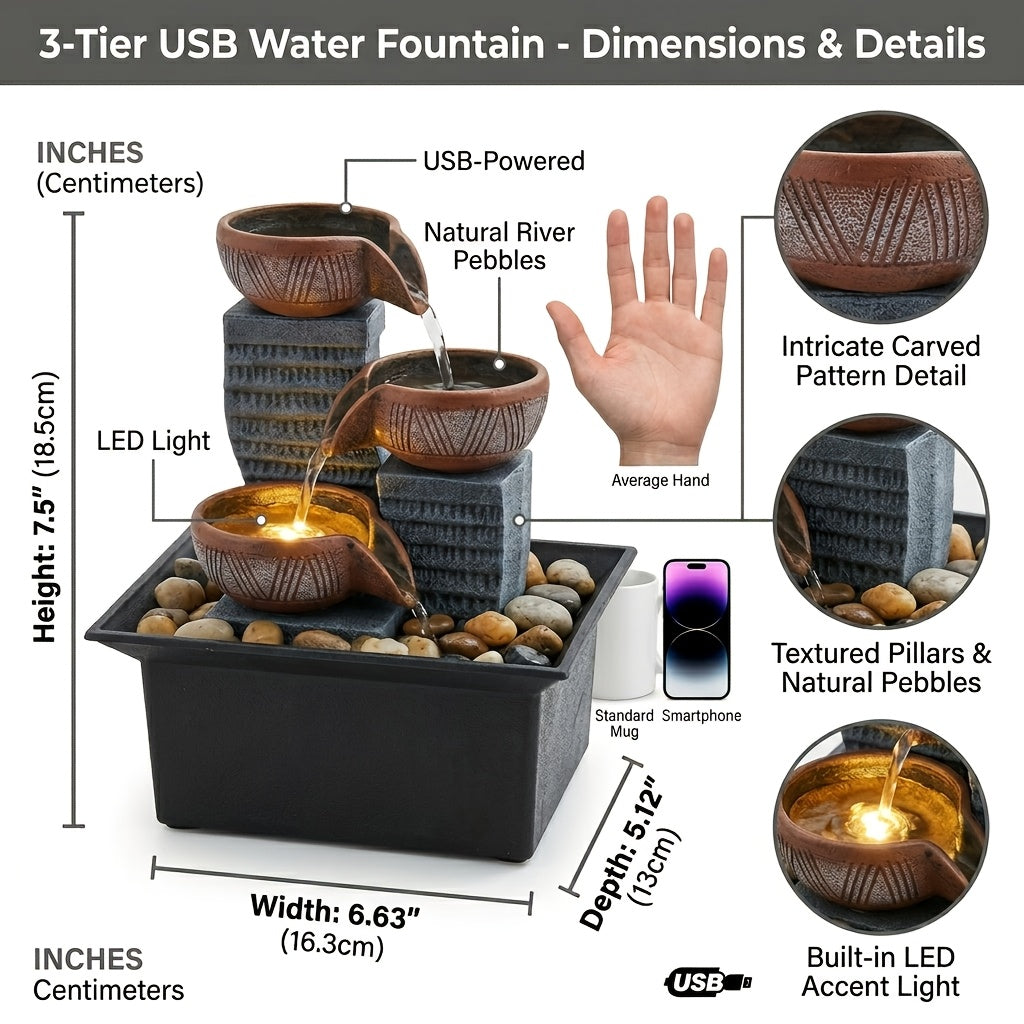 4-Tier Desktop Water Fountain with LED Lights, Decorative Bubble Balls & Natural River Stones, Indoor Tabletop Waterfall Fountain for Home & Office Relaxation, Meditation Zen Decor