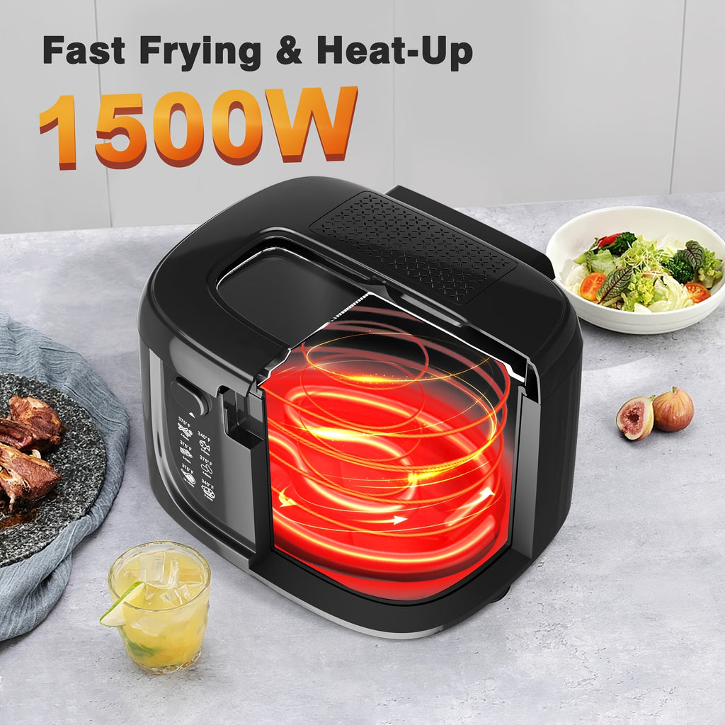 1500W Electric Deep Fryer 84.54oz – Non-Stick Basket, Adjustable Temperature Control, Viewing Window & Removable Lid | Easy Clean | Black & White
