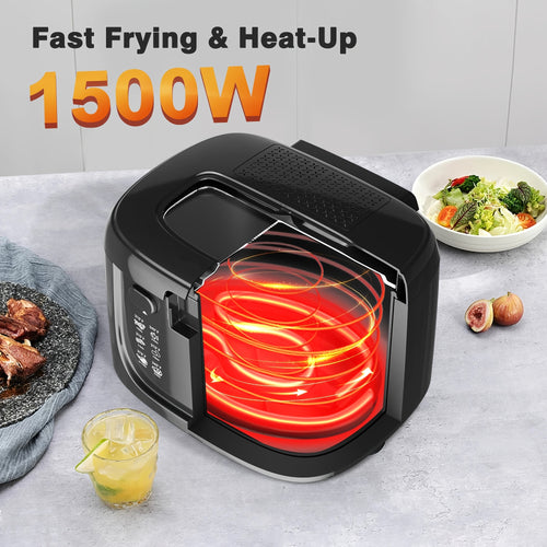 1500W Electric Deep Fryer 84.54oz – Non-Stick Basket, Adjustable Temperature Control, Viewing Window & Removable Lid | Easy Clean | Black & White