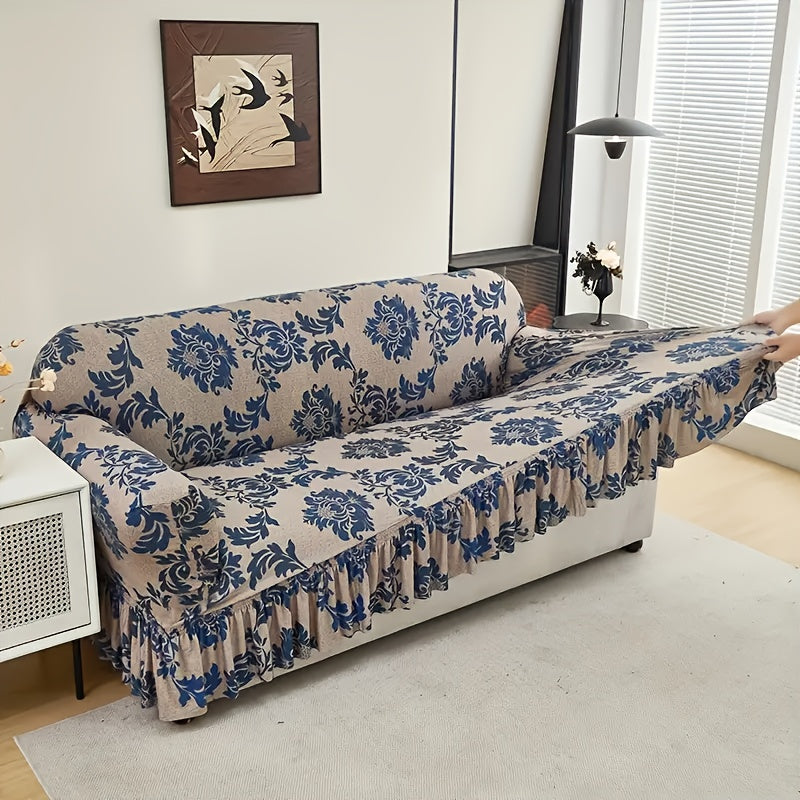Printed Skirt Design Sofa Cover with Anti-Slip Fixing Rods – High Elasticity Four-Season Fiber Slipcover Keeps Sofa Neat & Beautiful