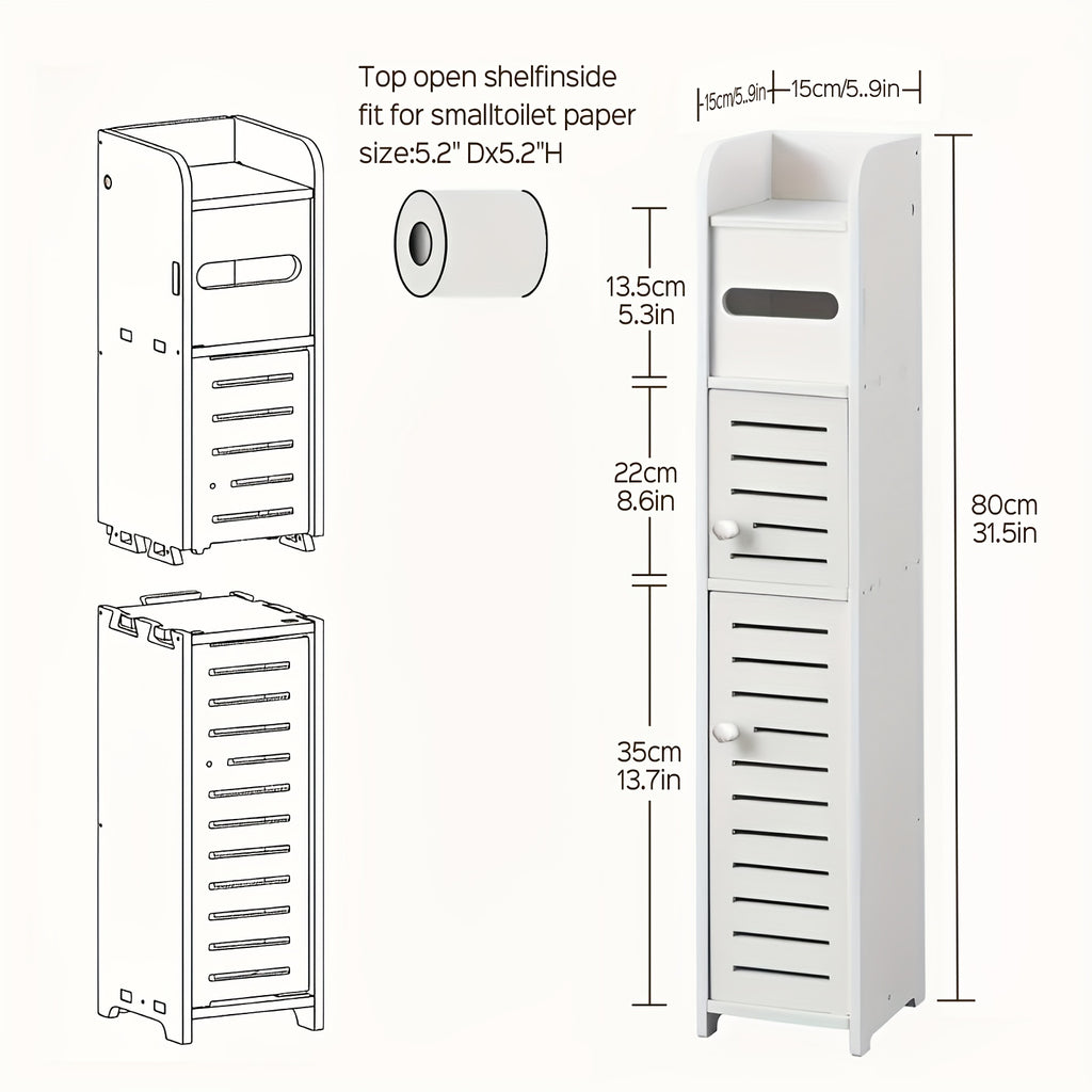 Slim Bathroom Storage Cabinet PVC Organizer with Toilet Paper Holder for Tight Spaces Bathroom Bedroom Living Room Easy Assemble Compact White