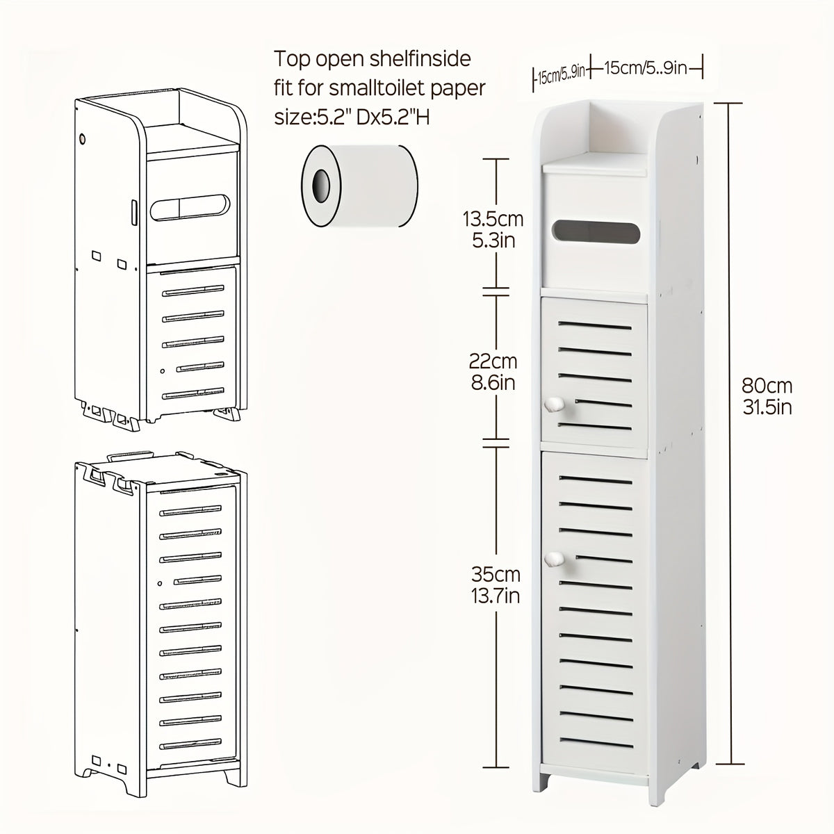 Slim Bathroom Storage Cabinet PVC Organizer with Toilet Paper Holder for Tight Spaces Bathroom Bedroom Living Room Easy Assemble Compact White