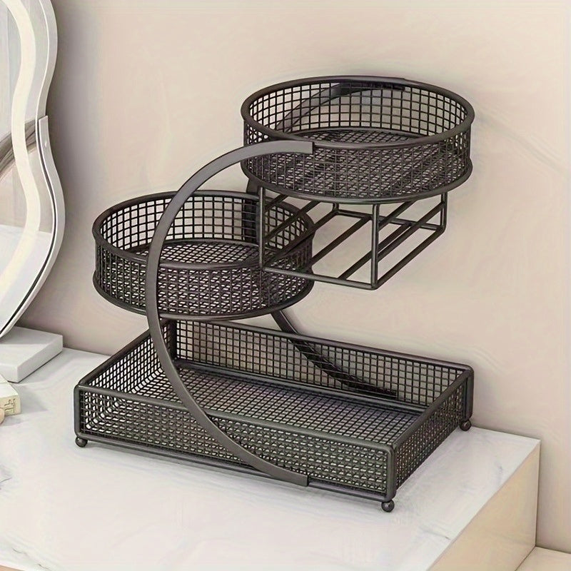 3-Tier Metal Cosmetic Organizer with Tissue Box Holder – No-Install Bathroom Countertop & Dressing Table Storage Rack, Lightweight