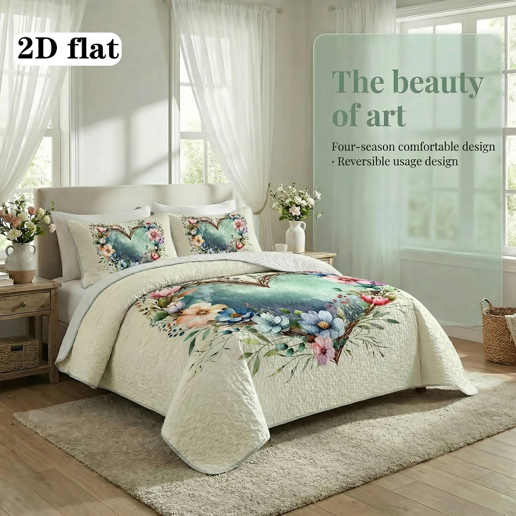 Floral Love Heart Quilted Bed Cover Set – 2 & 3 Piece Quilt & Pillowcases | Soft Breathable Hypoallergenic | Machine Washable | Twin, Full/Queen & King