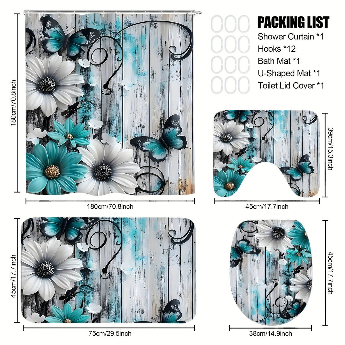 4pcs Floral Butterfly Shower Curtain Set Teal White with 12 Hooks Bath Rug - 2D Print Bathroom Decor Gift for Women Men Home Decoration | Nuvia Haven