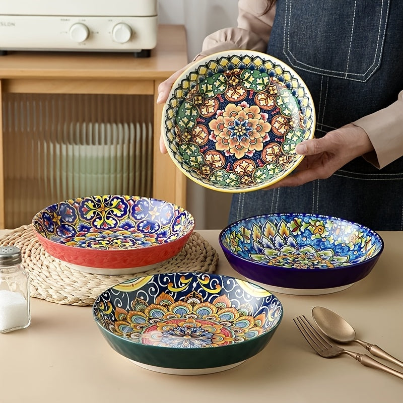 Bohemian Ceramic Dinner Plates Set of 4 – Handcrafted Boho Floral & Mandala Design, Vibrant Colors, Dishwasher Oven Microwave Safe, Perfect for Holidays & Family Gatherings