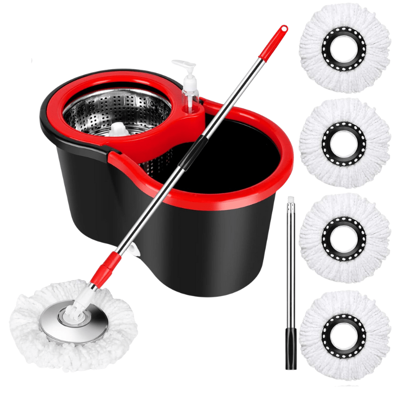 360° Spin Mop and Bucket Set with Wringer – Stainless Steel Extended Handle Spinning Mop Bucket System with 4 Microfiber Mop Refills for Hardwood Tile & Laminate Floor Cleaning