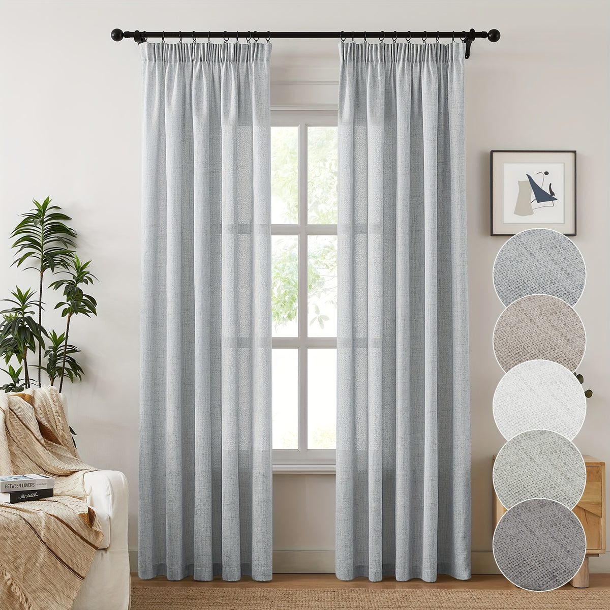 Burlap Textured Semi-Sheer Curtains Rod Pocket 2-Panel Set | Light Filtering Farmhouse Drapes for Living Room Bedroom Bathroom, W52" × H84"/96"/108", Light Grey Natural White