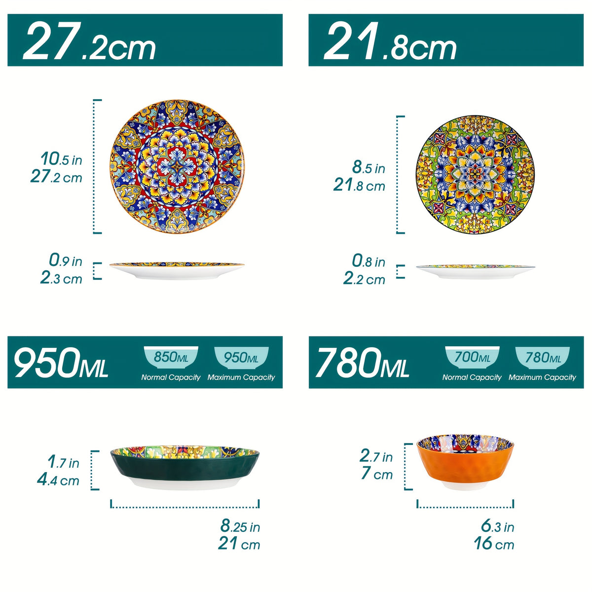 Bohemian Ceramic Dinnerware Set 16 or 24 Piece Stoneware Plates Bowls Tableware Colorful Floral Service for 4 or 6