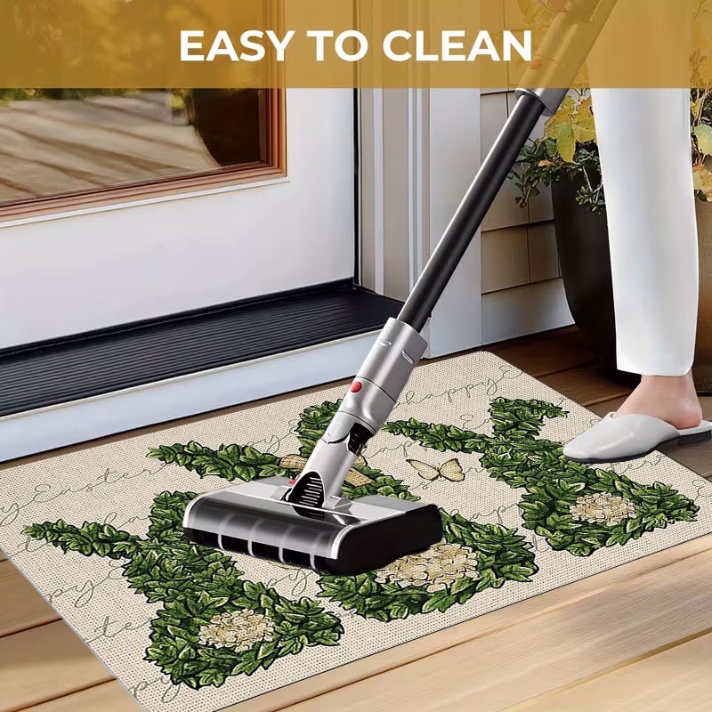 1pc Indoor Entrance Welcome Doormat Outdoor Mat Green Bunny Topiary with Bow and Butterfly Print Pattern Flannel Material Nonslip Comfortable Easy Clean Perfect for Bedroom Living Room or Home Decor Door Mat Ideal Gift for Friends & Family Easter