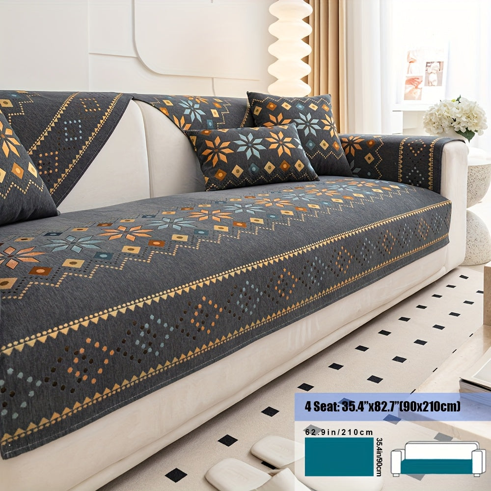 Embroidered Chenille Sofa Slipcover Bohemian Geometric Floral Pattern | Non-Slip Machine Washable Couch Cover for 1-2-3-4 Seater with Armrest & Pillow Cover Options, 6 Colors