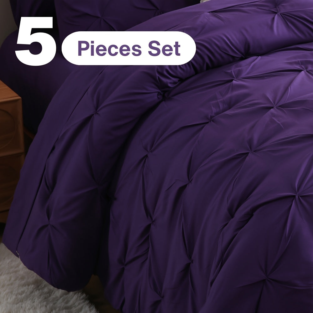 5/7pcs Pintuck Bed In A Bag Comforter Sets, Pinch Pleat Complete Bedding Sets with Comforter, Sheets & Pillowcases, Queen/King Size, All Season