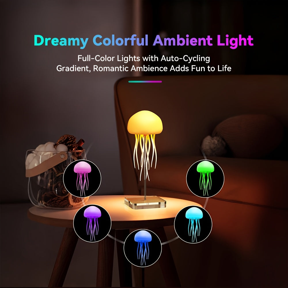 Voice-Controlled Jellyfish LED Lamp Full-Color Gradient Dimmable – 2000mAh Rechargeable Lifelike Tentacles Night Light, Freestanding or Hanging Home Decoration