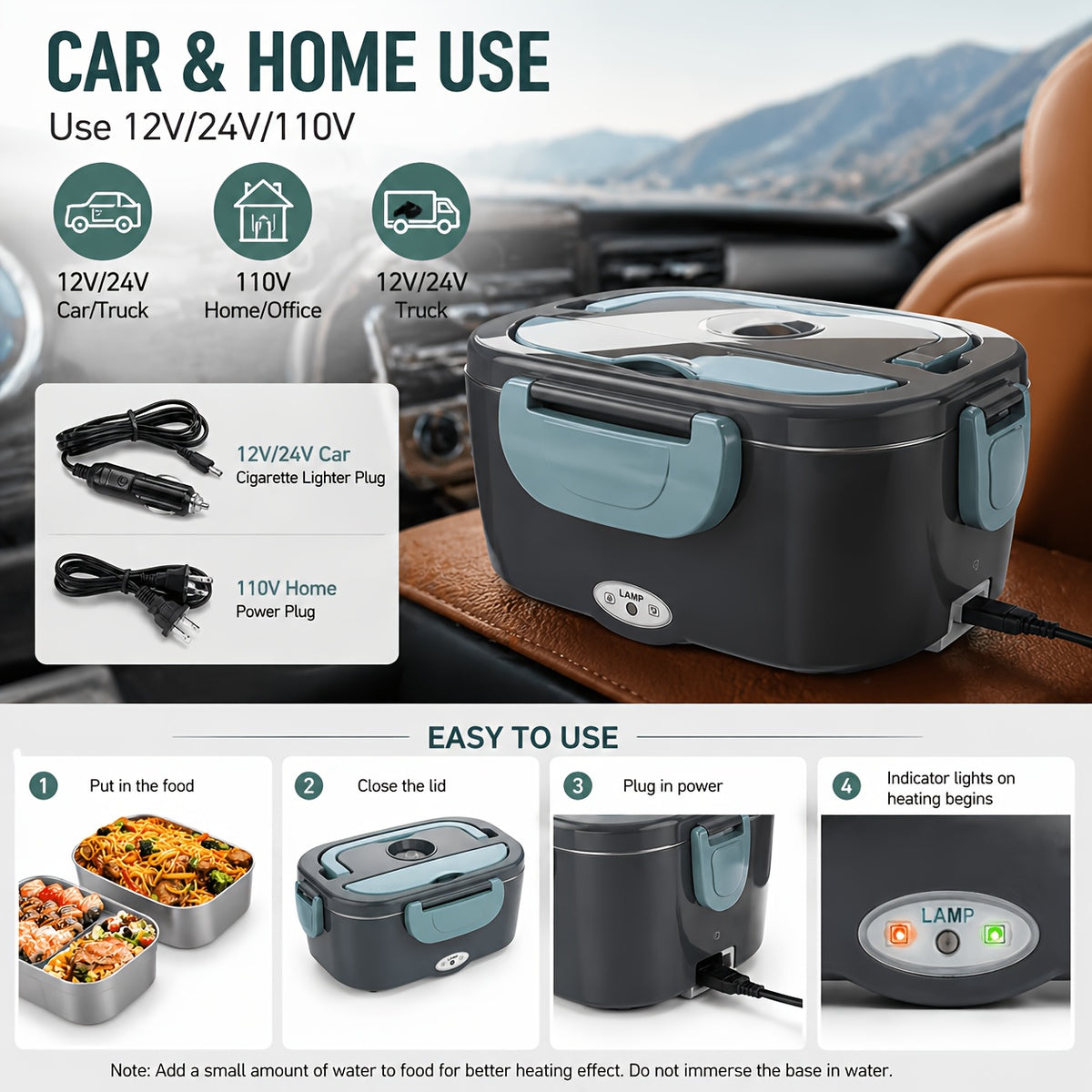 Portable Electric Lunch Box Food Warmer 54oz Dual Voltage - DC12-24V Car and AC120V Home - 316 Stainless Steel with Food Partition and Insulation Bag - 20-Min Quick Heating for Office and Travel