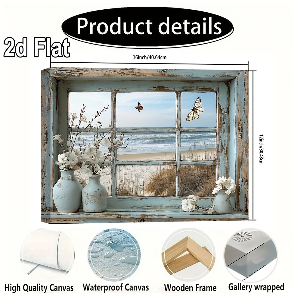 Beach View Window Canvas Wall Art with Butterflies & Flowers, Vintage Beach Scene Wooden Framed Print for Living Room, Bedroom, Kitchen & Home Office – 16x20in or 20x24in