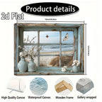 Beach View Window Canvas Wall Art with Butterflies & Flowers, Vintage Beach Scene Wooden Framed Print for Living Room, Bedroom, Kitchen & Home Office – 16x20in or 20x24in