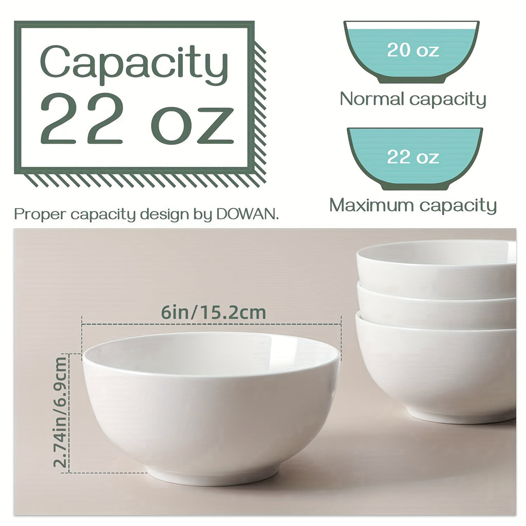 White Ceramic Bowl Set 22oz – Soup, Cereal, Ramen, Oatmeal, Salad & Rice Bowls for Kitchen | 4 or 6 Piece Set | Dishwasher & Microwave Safe