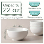White Ceramic Bowl Set 22oz – Soup, Cereal, Ramen, Oatmeal, Salad & Rice Bowls for Kitchen | 4 or 6 Piece Set | Dishwasher & Microwave Safe