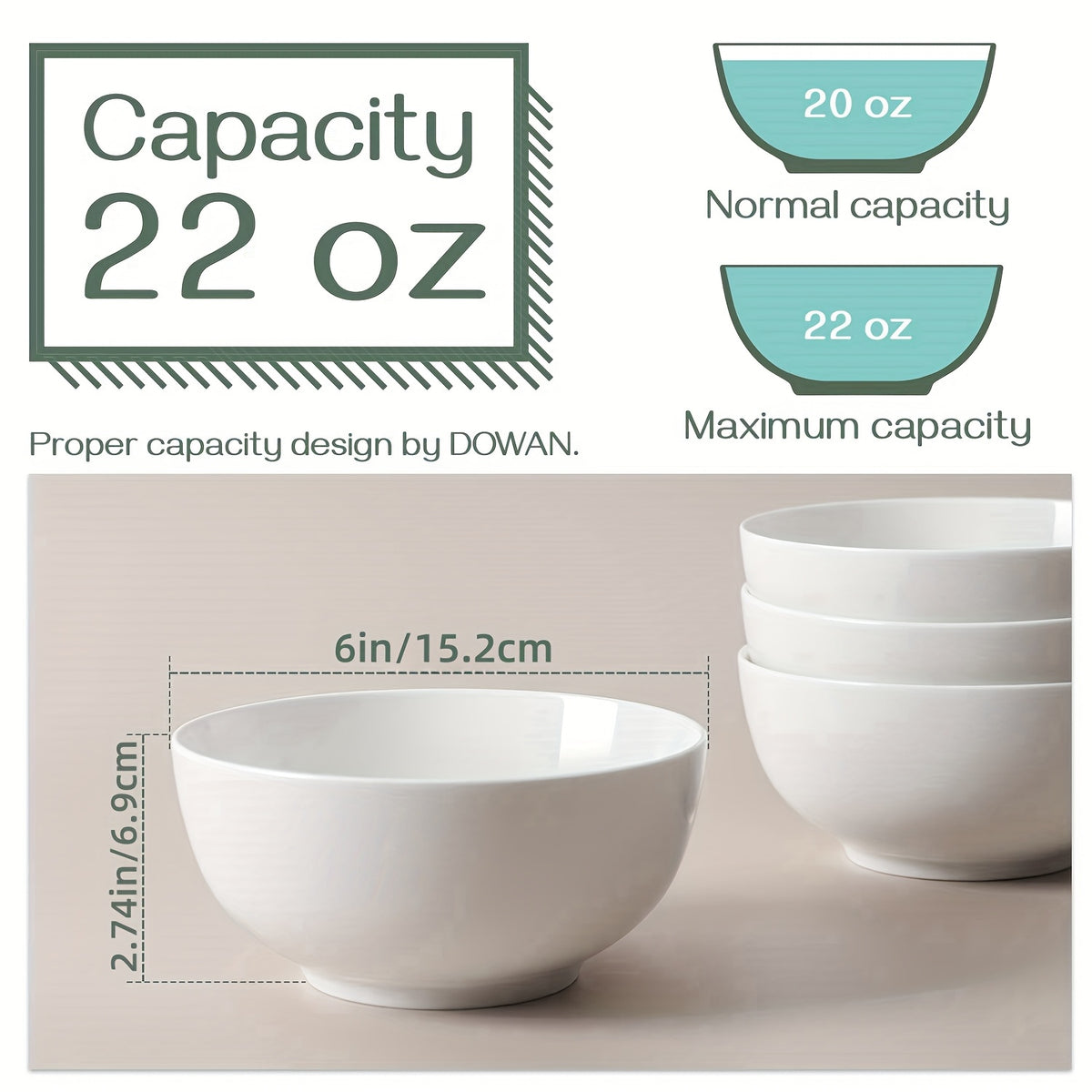 White Ceramic Bowl Set 22oz – Soup, Cereal, Ramen, Oatmeal, Salad & Rice Bowls for Kitchen | 4 or 6 Piece Set | Dishwasher & Microwave Safe