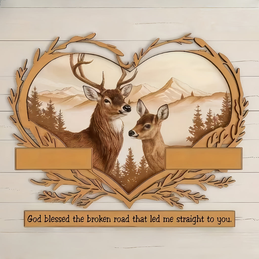 Personalized Couples Canvas Wall Art - Custom Deer & Mountains 2D Flat Print with Two Names, Romantic Gift for Couples, Anniversary Wedding Bedroom Decor
