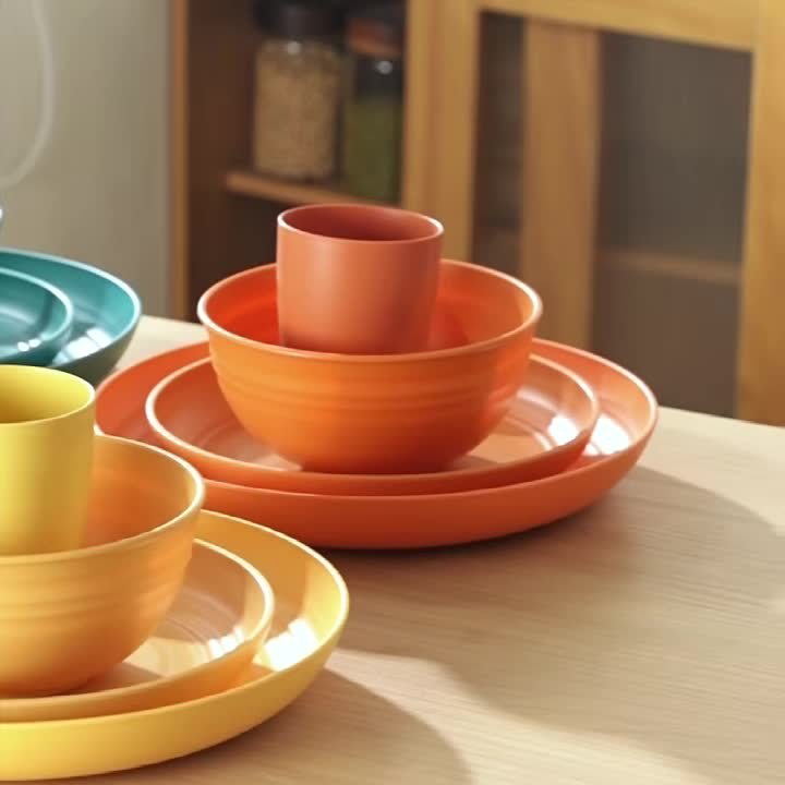 32-Piece Wheat Straw Dinnerware Set for 8 – Unbreakable Plastic Plates, Dessert Plates, Bowls & Cups for Outdoor Camping, Halloween & Weddings – Colorful, BPA-Free Tableware