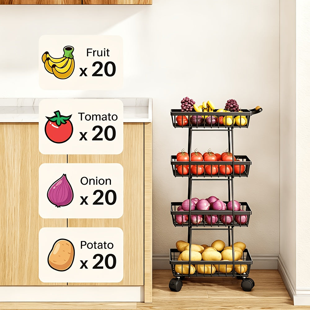 Fruit and Vegetable Basket Storage Cart with Wheels 4-Tier & 5-Tier Stackable Metal Rolling Produce Rack for Kitchen Pantry Bathroom Corner