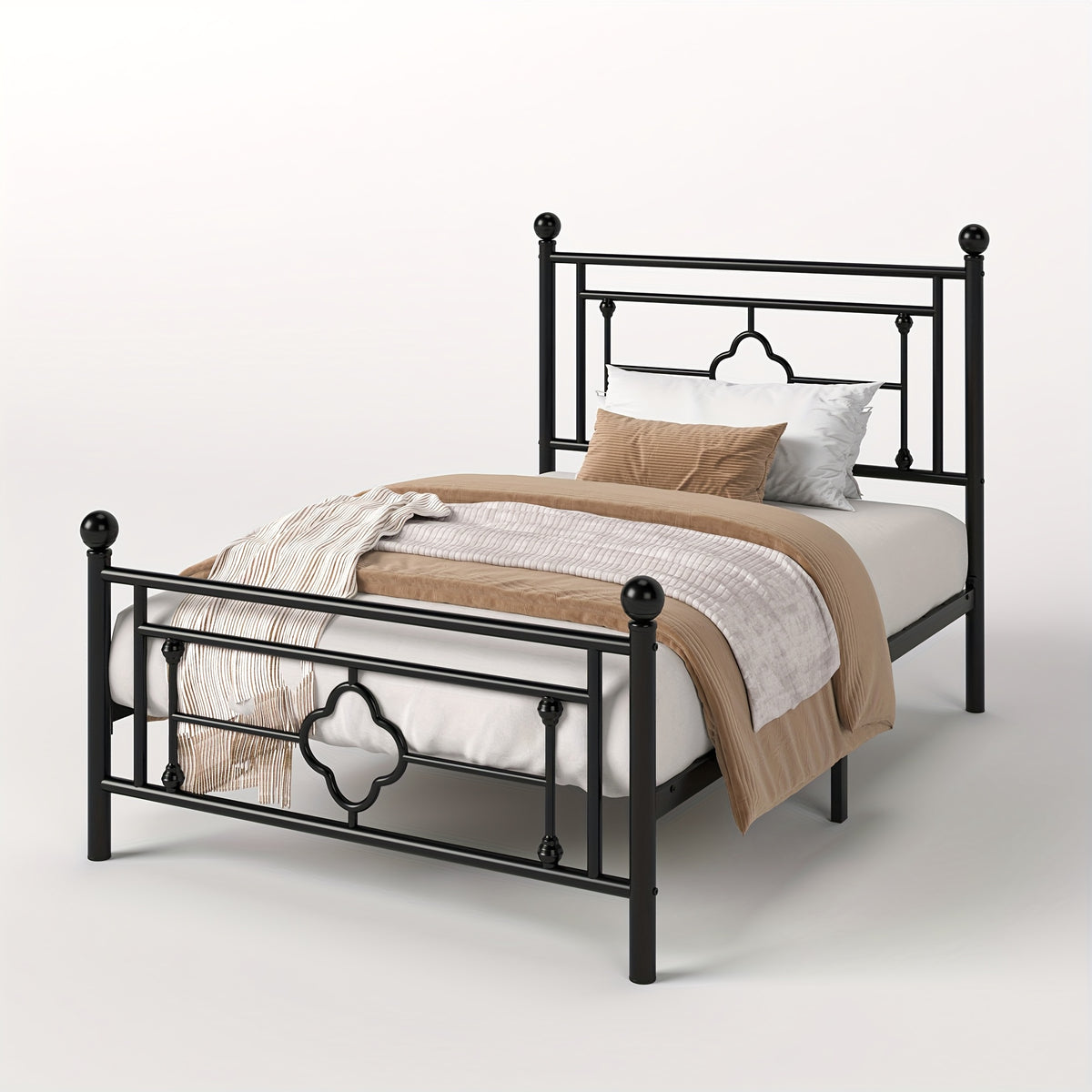 Metal Platform Bed Frame with Vintage Iron Art Headboard Footboard No Box Spring Needed Under Bed Storage Twin Full Queen King Black White Pink Gold