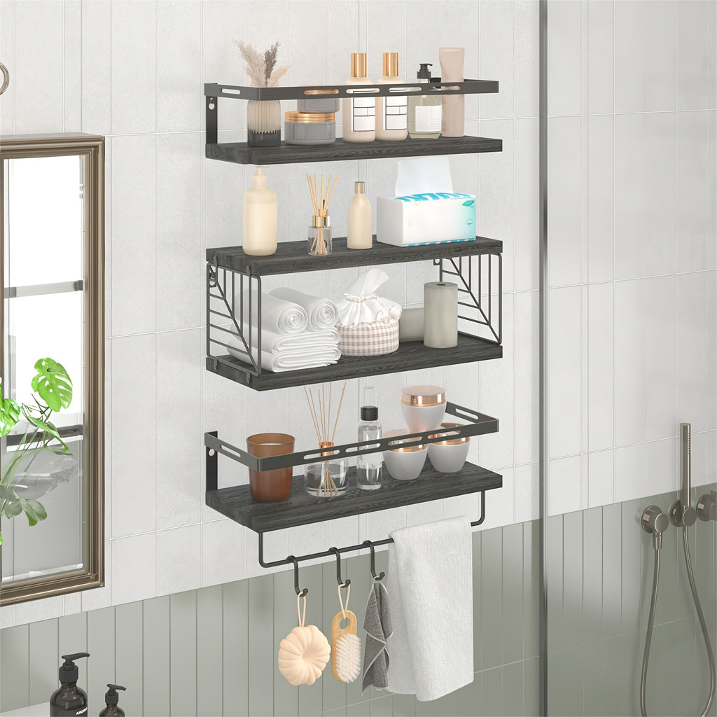 Wall Mounted Shelf 3+1 Tier with Black Metal Guardrails and Storage Baskets Space Saving Floating Shelves for Kitchen Bathroom Bedroom Living Room Home Decor
