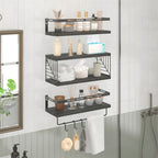 Wall Mounted Shelf 3+1 Tier with Black Metal Guardrails and Storage Baskets Space Saving Floating Shelves for Kitchen Bathroom Bedroom Living Room Home Decor