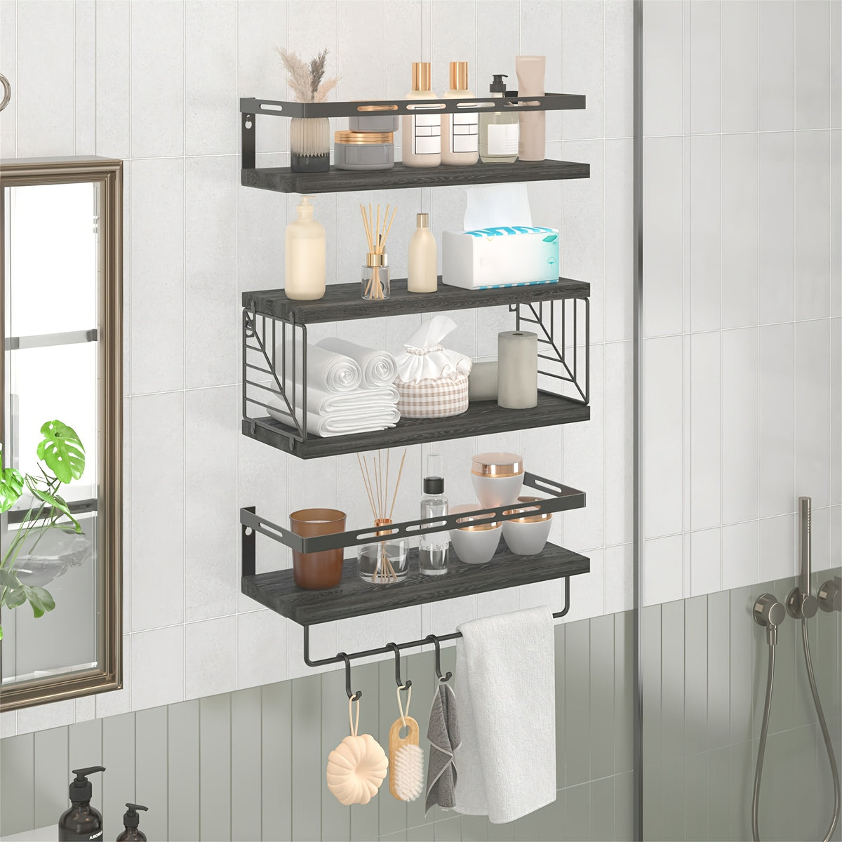 Wall Mounted Shelf 3+1 Tier with Black Metal Guardrails and Storage Baskets Space Saving Floating Shelves for Kitchen Bathroom Bedroom Living Room Home Decor