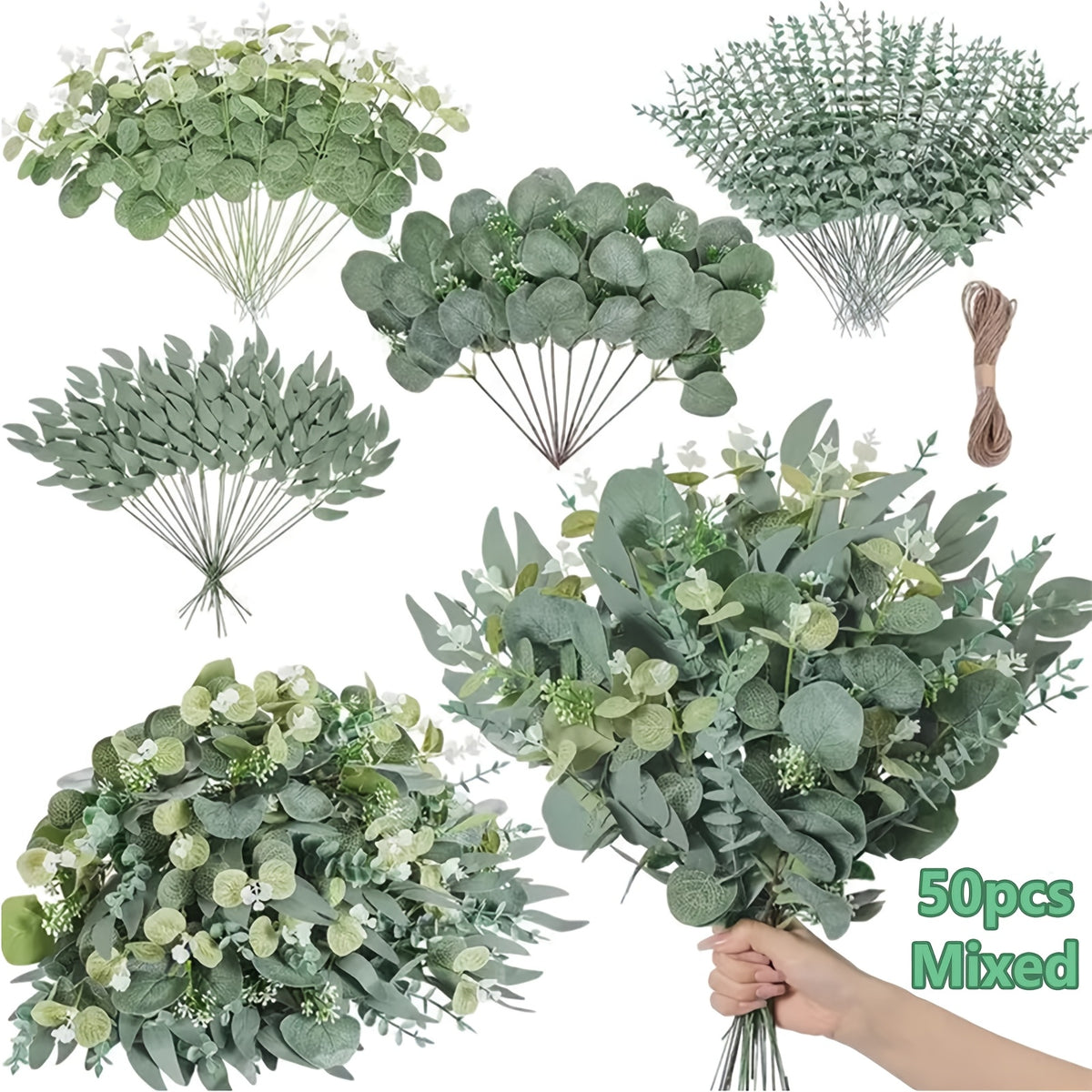 Artificial Eucalyptus Stems Bulk 50/100pcs – Mixed Silver Dollar Eucalyptus Leaf Picks for Bouquets, Flower Arrangements & Home Decor – Faux Greenery Stems for Vases & Wreaths