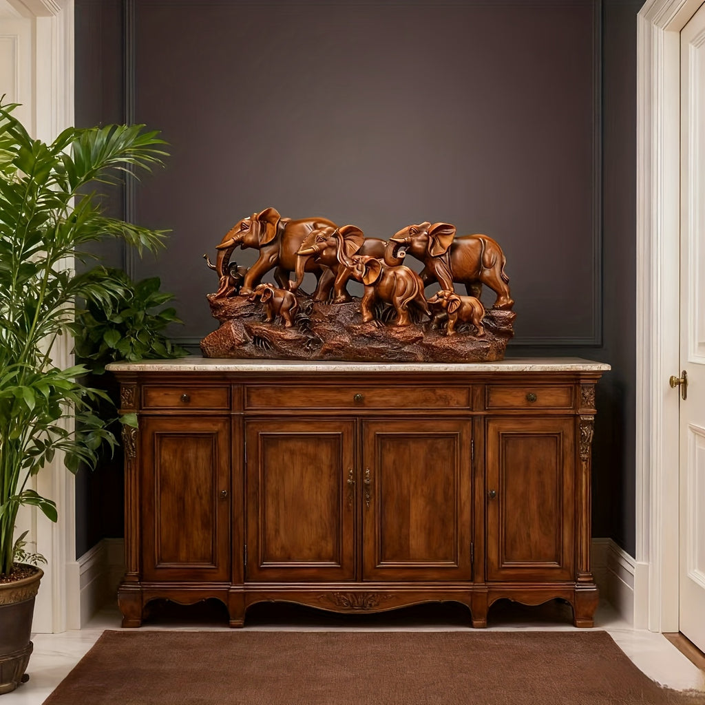 Elephant Family Figurine Resin Lucky Feng Shui Statue – Wood Grain Style Home Decor for Living Room Office Shelf, Housewarming Gift