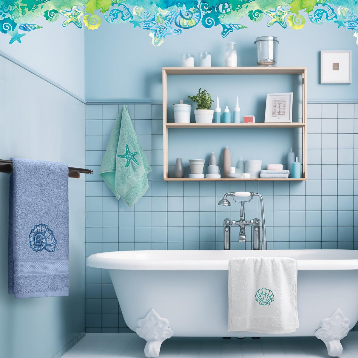 Coastal Hand Towels 3 Pack 100% Cotton - Embroidered Ocean Bathroom Towels 13.78x29.53 Inch, Soft Absorbent Classic Beach Hand Towel Set for Bathroom, Kitchen & Guest Room