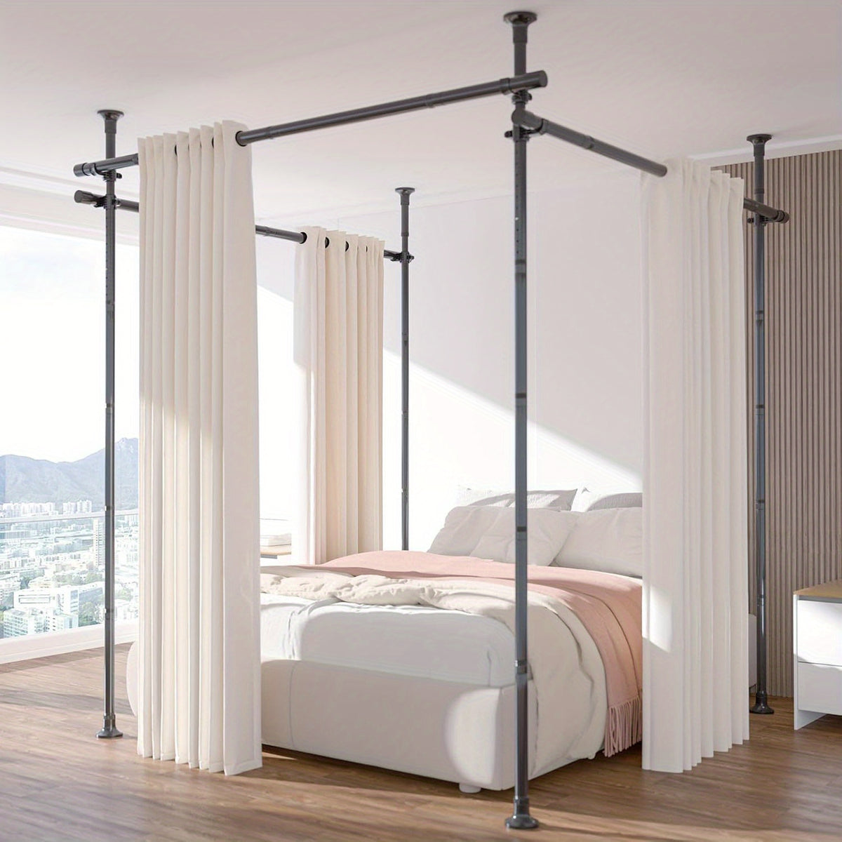 Adjustable Tension Room Divider Curtain Rod – No Drilling, 28–171" Wide, 4–10 ft Floor-to-Ceiling, Heavy Duty, Black & White (Curtains Not Included)