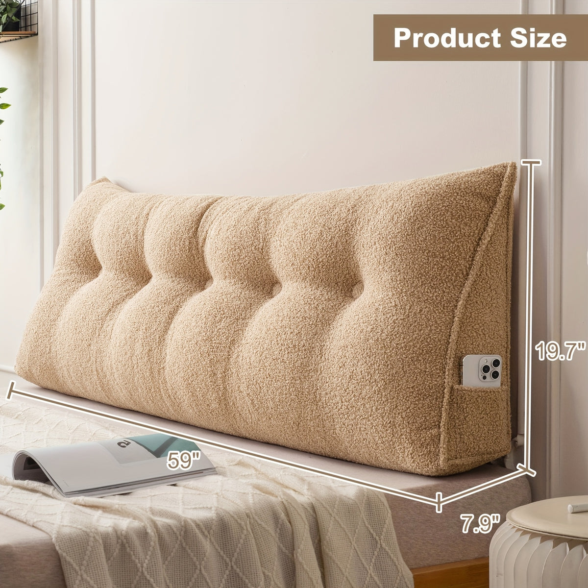 Wedge Headboard Pillow with Side Pocket Triangular Bed Reading Backrest Bolster, Teddy Velvet Removable Washable Cover Bed Gap Filler for Twin Queen King, 7 Colors
