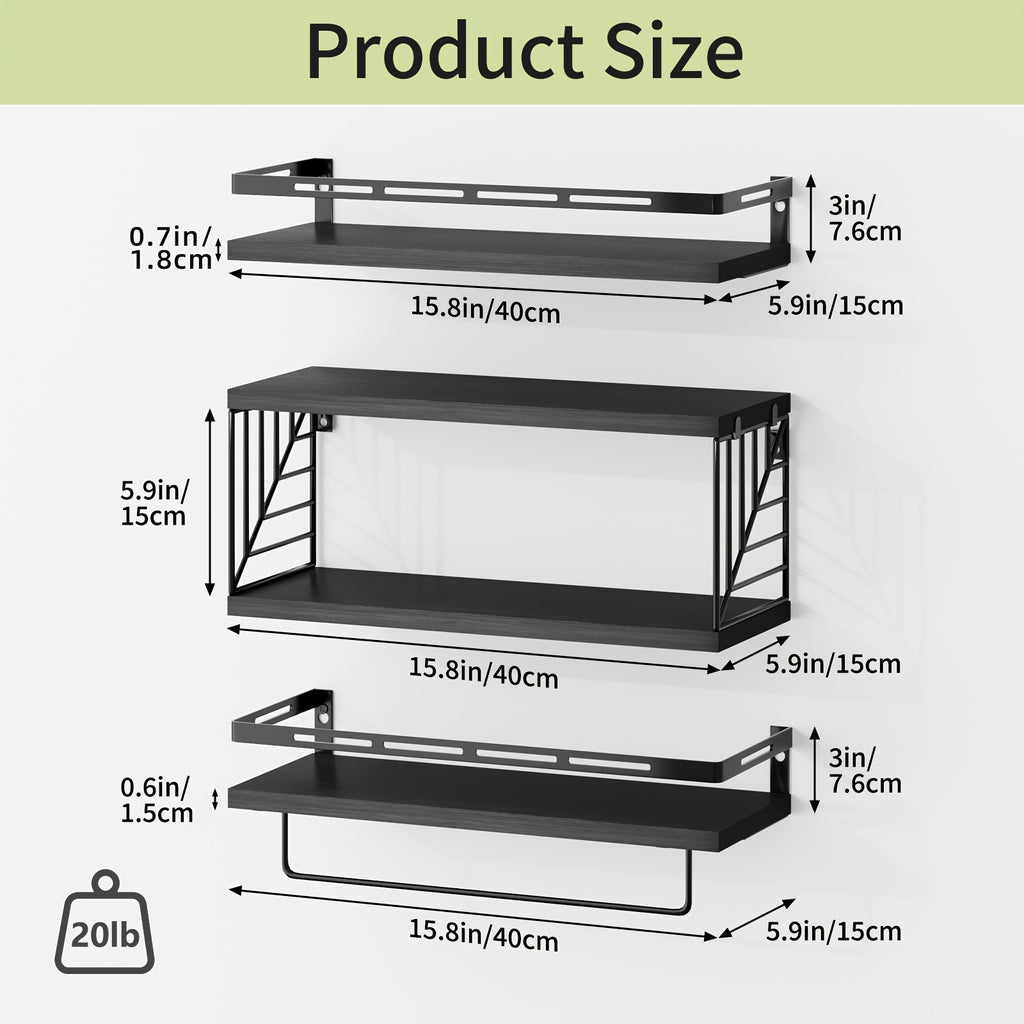 Floating Shelves Over Toilet 3/4 Piece Set – Farmhouse Wood Wall-Mounted Bathroom Shelf for Toilet Paper Storage, Small Bathroom Organizer in Black & Brown