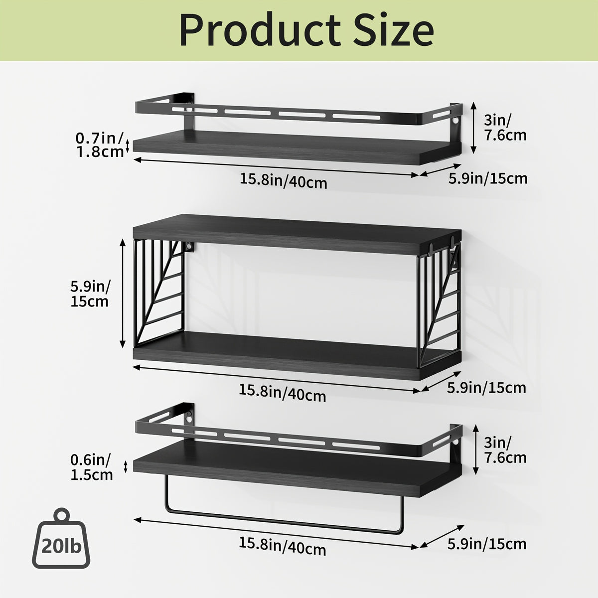 Floating Shelves Over Toilet 3/4 Piece Set – Farmhouse Wood Wall-Mounted Bathroom Shelf for Toilet Paper Storage, Small Bathroom Organizer in Black & Brown