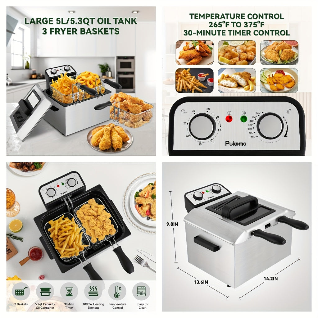 Electric Deep Fryer with Stainless Steel Basket 1.5L-6L Adjustable Temperature Foldable Handle Easy-Clean Dishwasher Safe